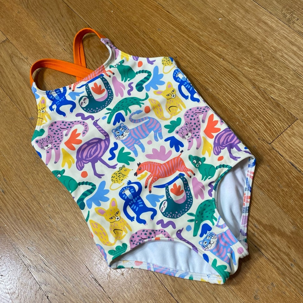 Mini Boden Cross-Back Printed Swimsuit Colorful Animal Pattern 2-3 Y 98cm